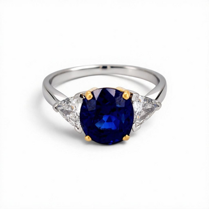 Vintage 18k Gold Trilogy Ring — 3.55ct Unheated Vivid Blue Madagascar Sapphire & Trillion-Cut Diamonds | Bellerophon Certified