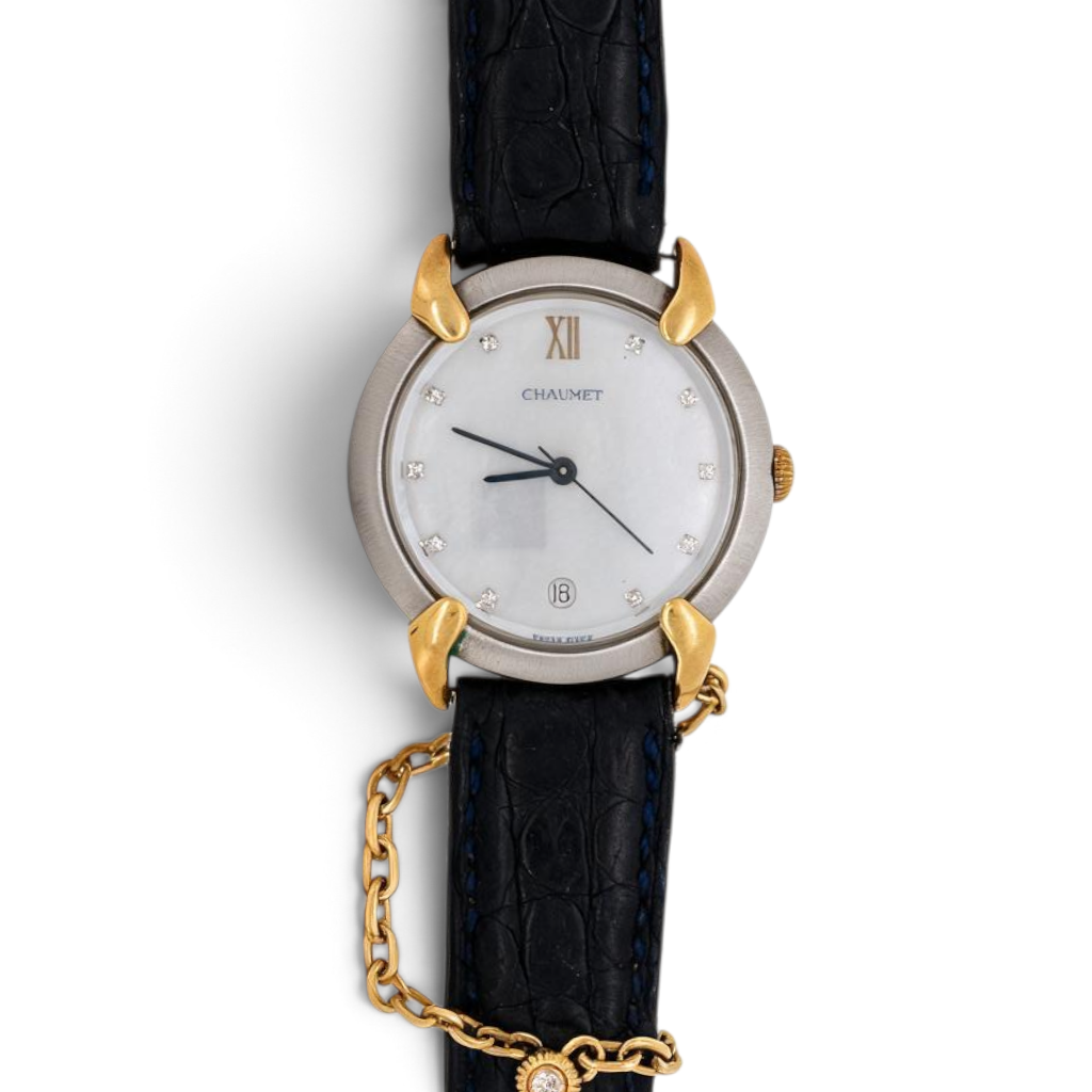 Montre vintage Chaumet Elysée Antique Jewelry Finds en or 18k et acier avec cadran à diamants et bracelet en cuir
