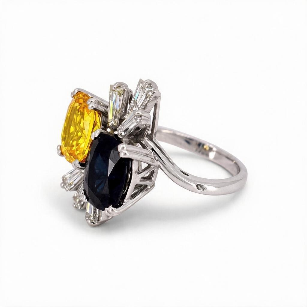Vintage 18k Gold Toi et Moi Ring — Two Unheated Basaltic Sapphires & Trapeze-Cut Diamonds | Circa 1980