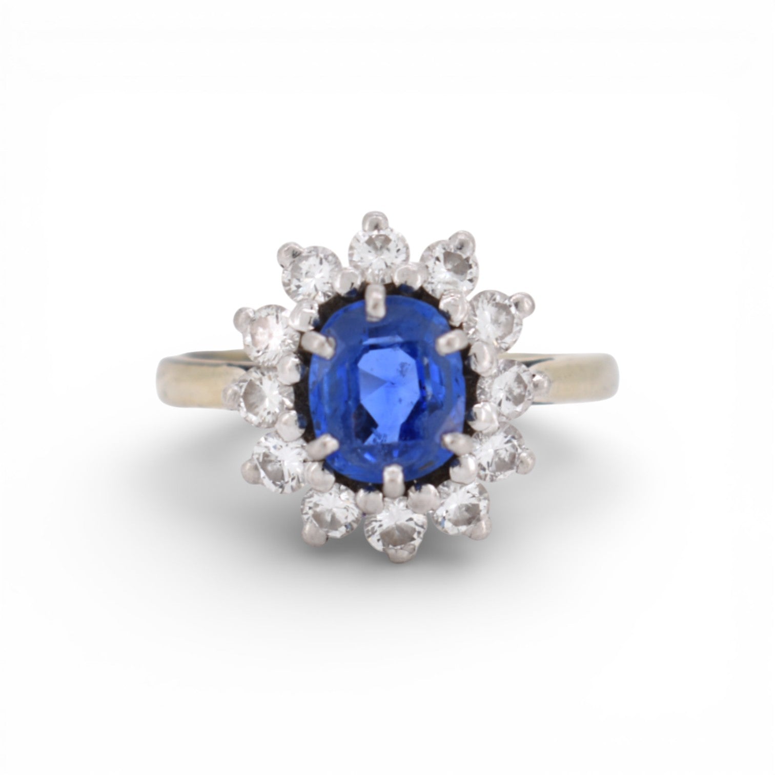 Vintage 1990s 18k gold marguerite ring with certified unheated Ceylon sapphire and 1ct diamond halo