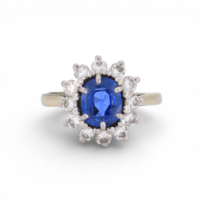 Vintage 1990s 18k gold marguerite ring with certified unheated Ceylon sapphire and 1ct diamond halo