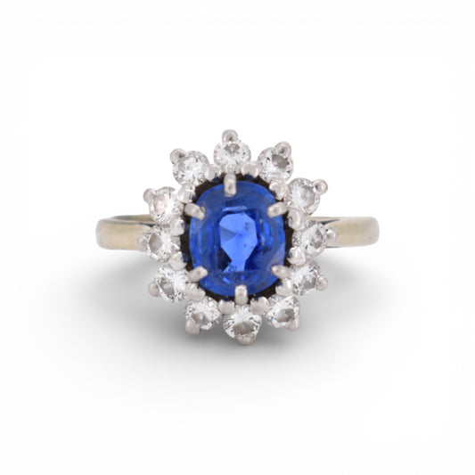 Vintage 1990s 18k gold marguerite ring with certified unheated Ceylon sapphire and 1ct diamond halo