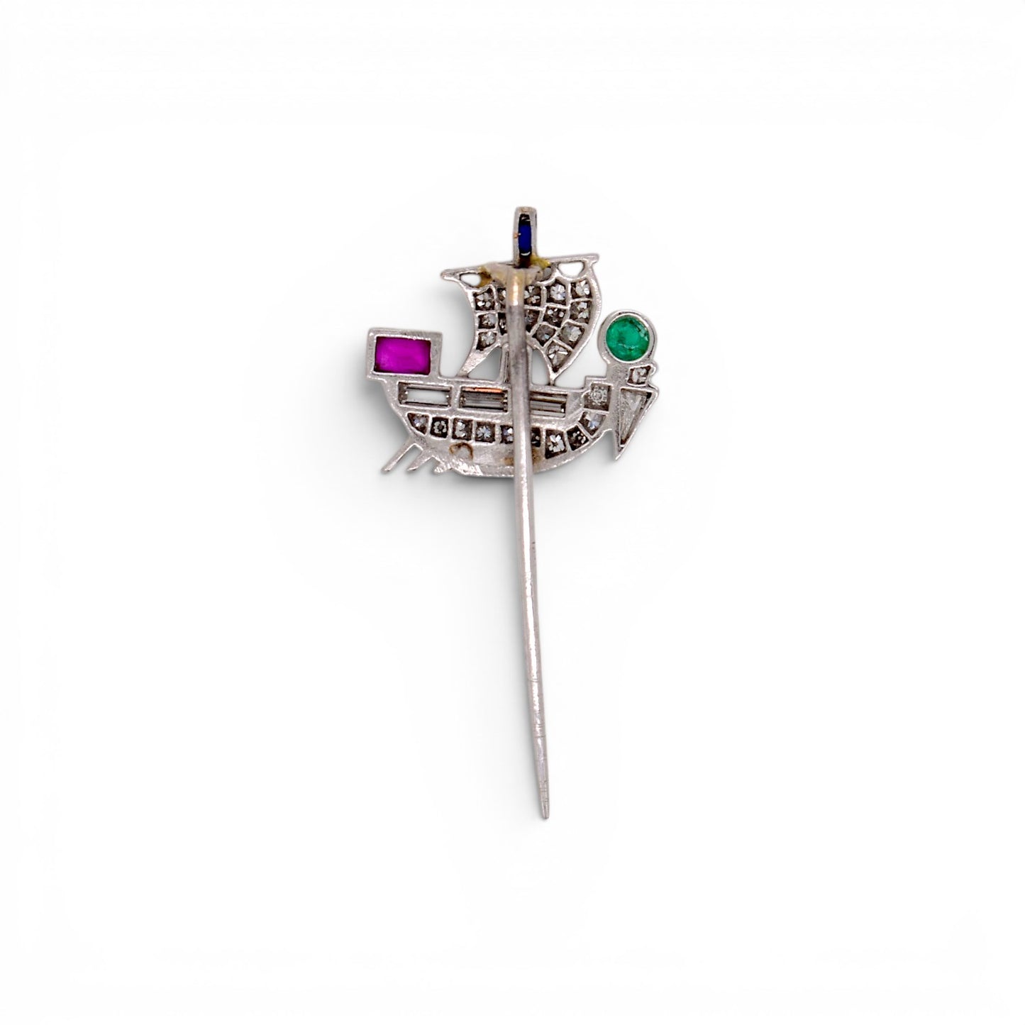 Clear macro shot of the platinum band/needle showcasing the official hallmark stamps verified by Antique Jewelry Finds.