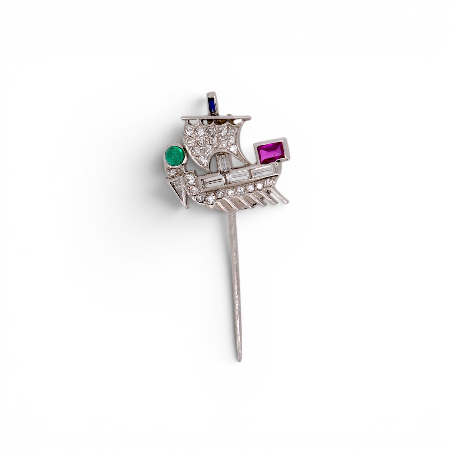 Art deco platinum Viking drakkar ship stick pin with diamonds, ruby, emerald, and sapphire by Antique Jewelry Finds.