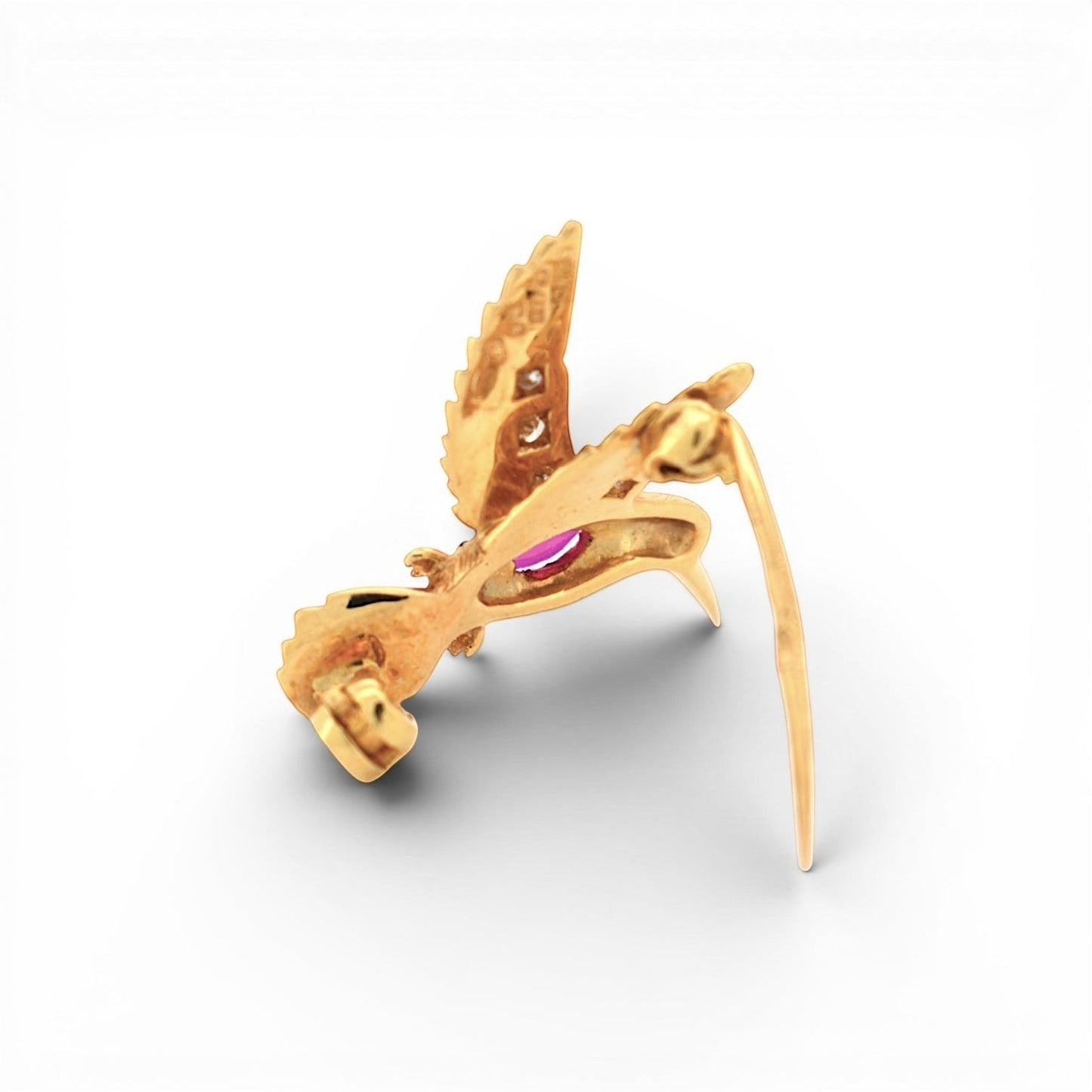 Side angle of the 22.5x20mm mid-century bird pin showing the secure hinge and straight gold pin needle.