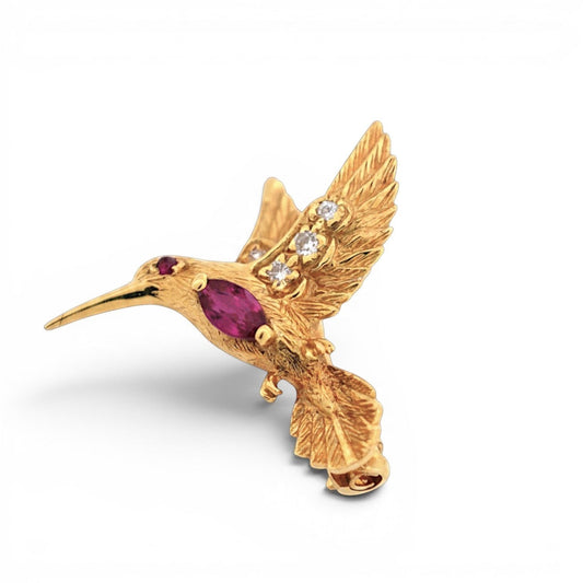 Rare vintage 1960s E. Wolfe & Co signed 18k gold hummingbird brooch with ruby and diamonds by Antique Jewelry Finds.