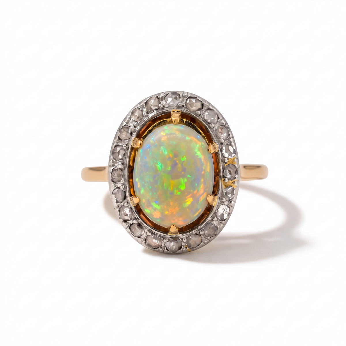 Antique Victorian 18k Gold & Platinum Halo Ring — 1.5ct Australian Opal & Diamonds | Circa 1890