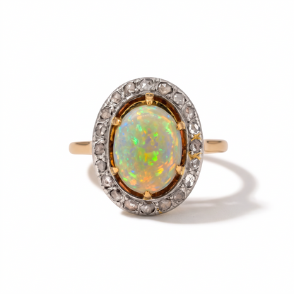 Antique Victorian 18k Gold & Platinum Halo Ring — 1.5ct Australian Opal & Diamonds | Circa 1890