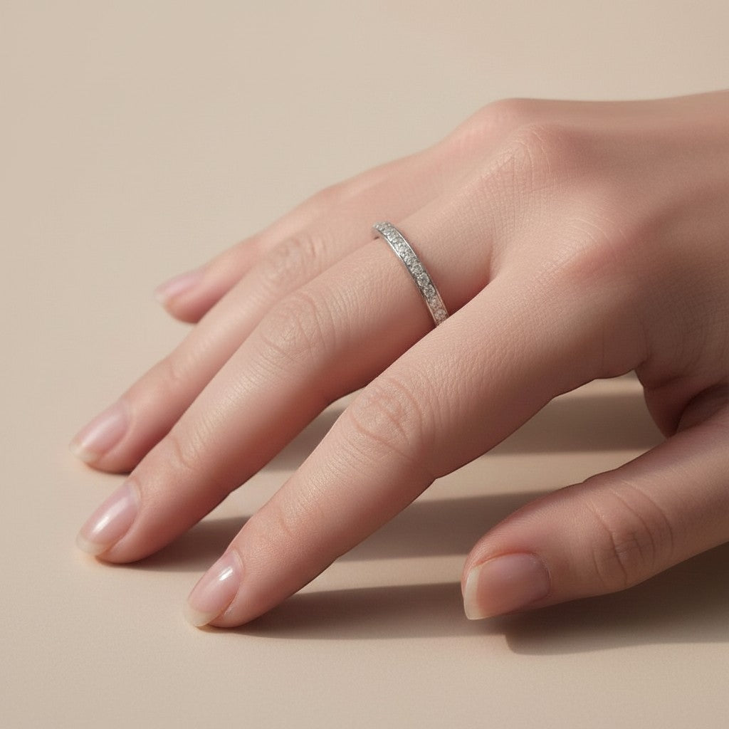 Antique Art Deco full eternity band worn on hand stacked with a vintage diamond engagement ring, size 7.5 US.