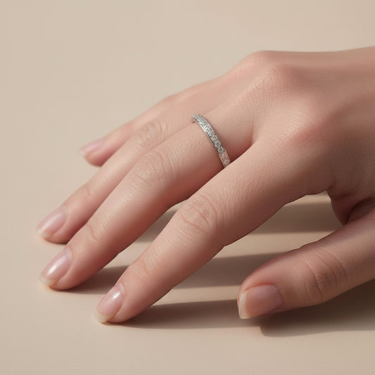 Antique Art Deco full eternity band worn on hand stacked with a vintage diamond engagement ring, size 7.5 US.