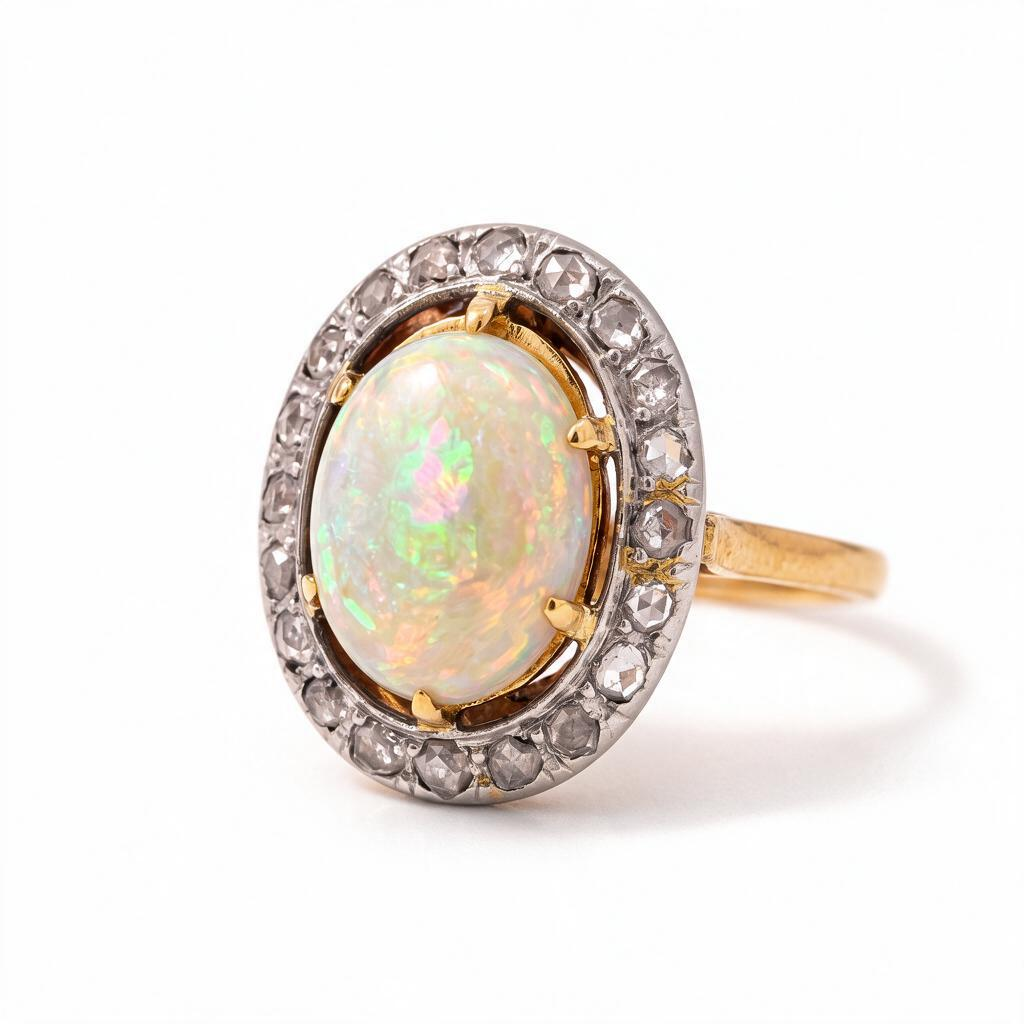 Antique Victorian 18k Gold & Platinum Halo Ring — 1.5ct Australian Opal & Diamonds | Circa 1890