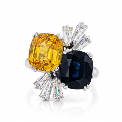 Vintage 18k Gold Toi et Moi Ring — Two Unheated Basaltic Sapphires & Trapeze-Cut Diamonds | Circa 1980
