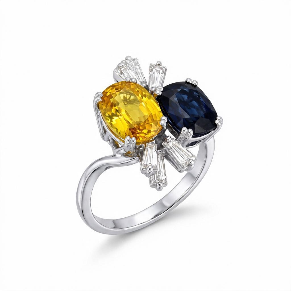 Vintage 18k Gold Toi et Moi Ring — Two Unheated Basaltic Sapphires & Trapeze-Cut Diamonds | Circa 1980