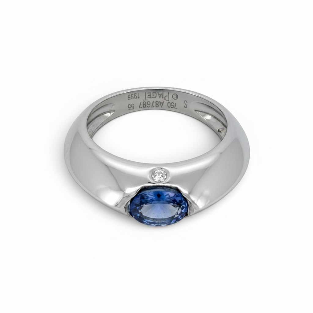 Piaget Biseau signed 18k gold ring natural sapphire 1ct brilliant diamond front view circa 1998 — Antique Jewelry Finds