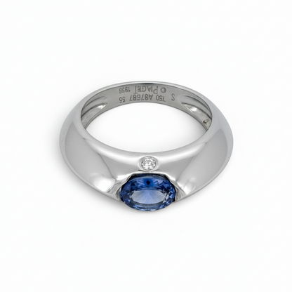 Piaget Biseau signed 18k gold ring natural sapphire 1ct brilliant diamond front view circa 1998 — Antique Jewelry Finds