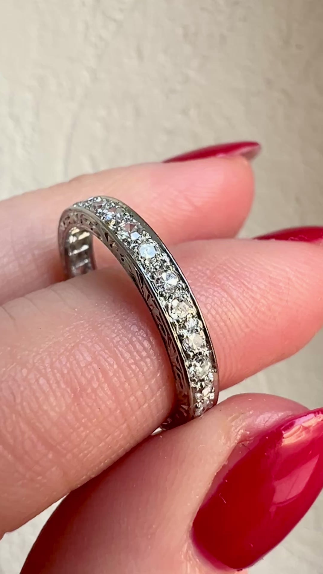 View on video eternity ring platinum and diamonds at natural light