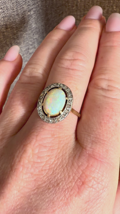 Antique Victorian 18k Gold & Platinum Halo Ring — 1.5ct Australian Opal & Diamonds | Circa 1890