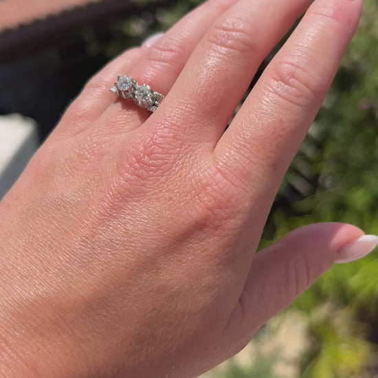 High-definition video capturing the fluid elegance of the diamond-set ribbon design, the fiery brilliance of the two main old-cut stones, and the geometric structure of the 1945 late Art Deco Toi et Moi ring in motion.