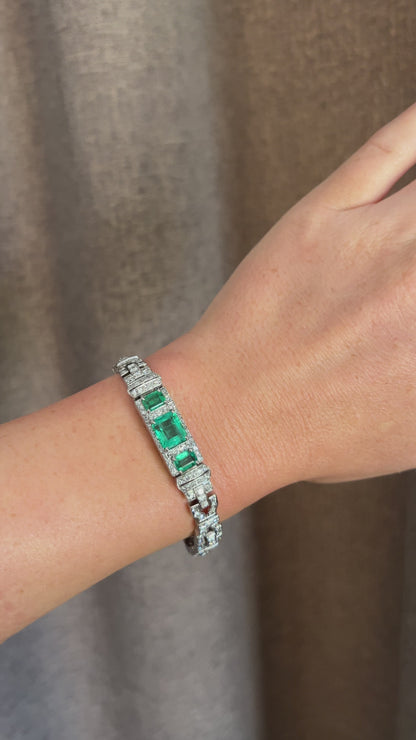 Antique Art Deco Platinum Bracelet — Colombian Emeralds & 7ct Diamonds | Circa 1920