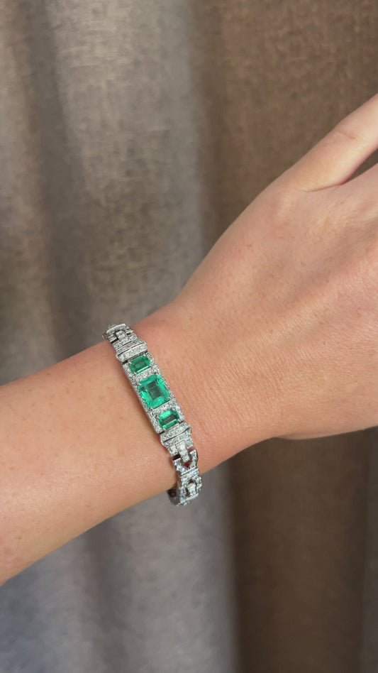 Antique Art Deco Platinum Bracelet — Colombian Emeralds & 7ct Diamonds | Circa 1920