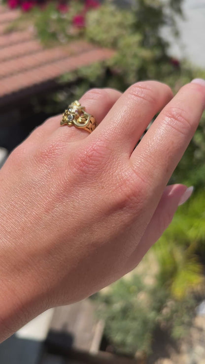 High-definition video capturing the intricate, sculptural details of the 18k gold gargoyle, the sharp red glint of the ruby eyes, and the fiery flash of the diamond in its mouth on the circa 1910 Antique Art Nouveau ring in motion.