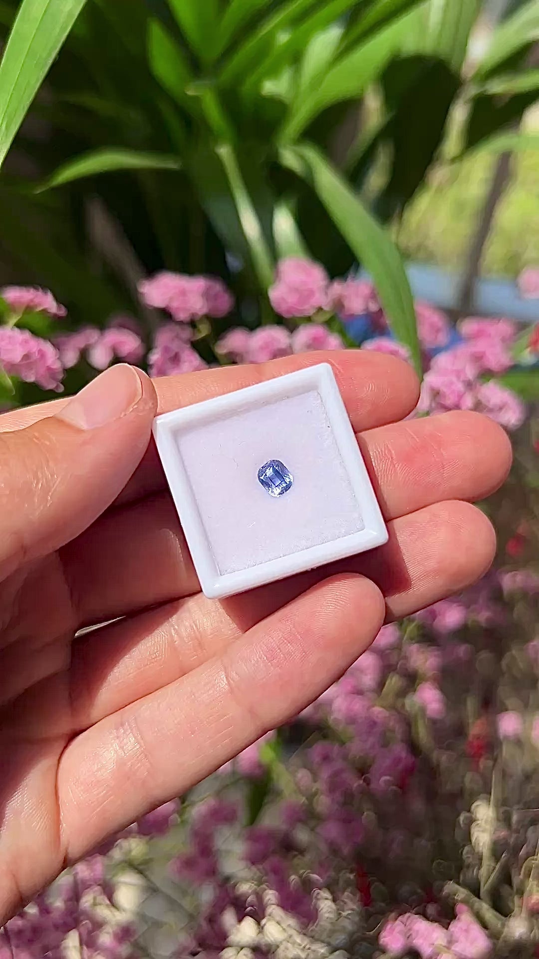 Video showing the sophisticated hall-of-mirror reflections, vivid blue flashes, and elegant luster of the unheated 0.89ct Ceylon emerald cut sapphire in motion.