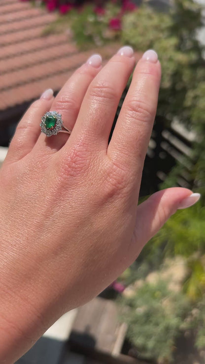 Vintage French Emerald & Diamond Daisy Ring - 18k White Gold - Circa 1990