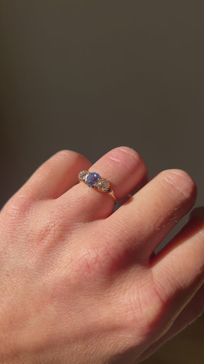 Antique Victorian 14k Gold Trilogy Ring —  Natural Sapphire & Old-Cut Diamonds | Circa 1890