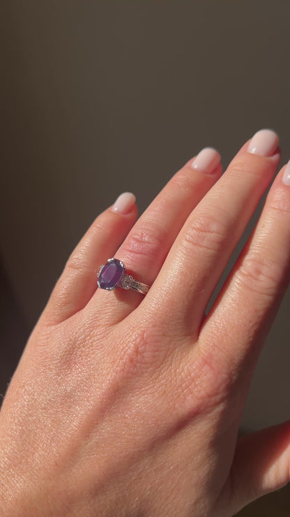 18k Gold Three-Stone Ring — Natural Purple Himalaya Sapphire & Diamonds | GRS Certified