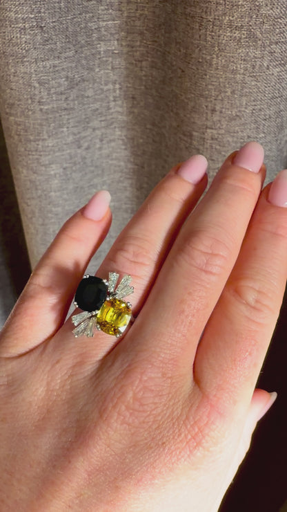 Vintage 18k Gold Toi et Moi Ring — Two Unheated Basaltic Sapphires & Trapeze-Cut Diamonds | Circa 1980