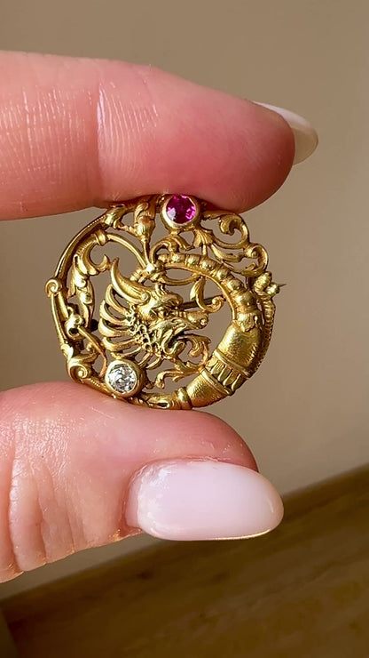 Antique Art Nouveau 18k Gold Chimera Brooch, Ruby & Diamond - Andre Kauffer | Circa 1910