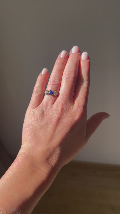 Antique Art Deco 18k White Gold Trilogy Ring —  Natural Sapphire & Old-Cut Diamonds | Circa 1920