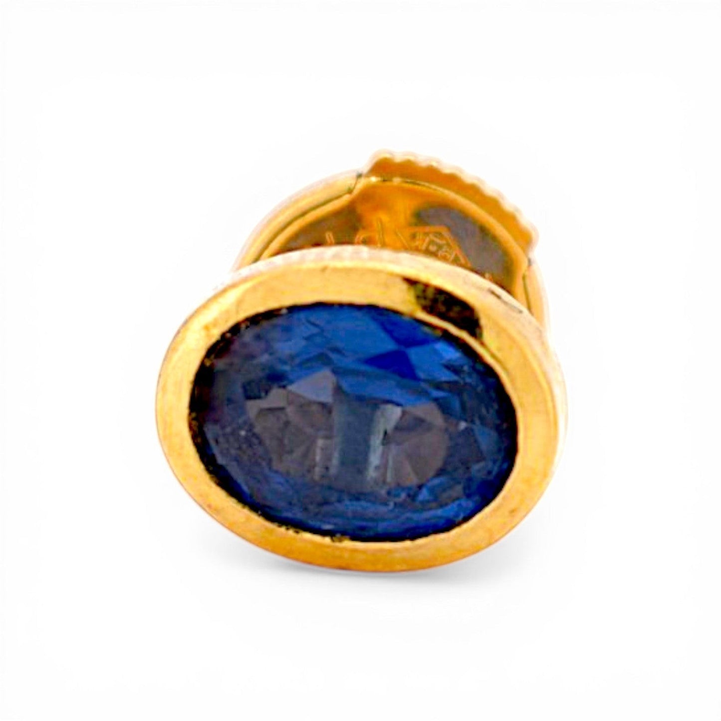Three-quarter view of the 2ct total oval sapphire and gold earrings
