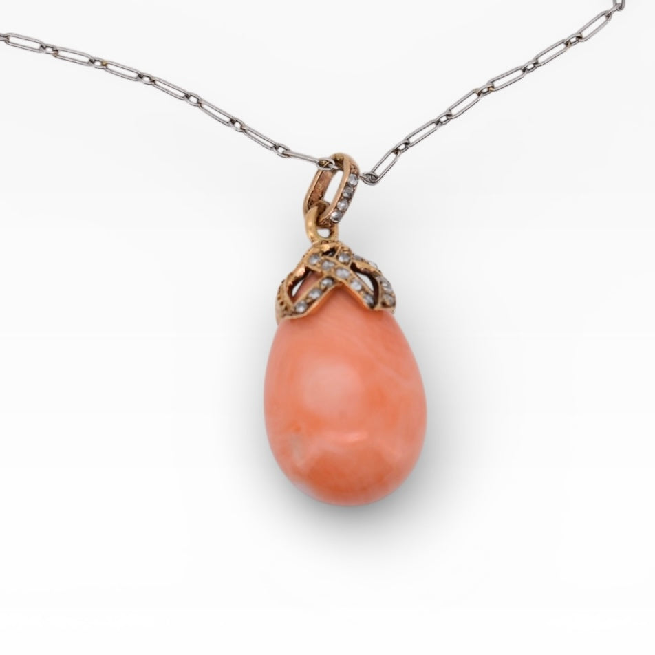 Antique Victorian Coral & Diamond Pendant 18k Gold - Natural Pink-Orange Coral Drop - Circa 1900
