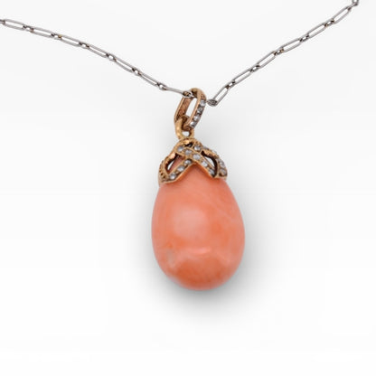 Antique Victorian Coral & Diamond Pendant 18k Gold - Natural Pink-Orange Coral Drop - Circa 1900