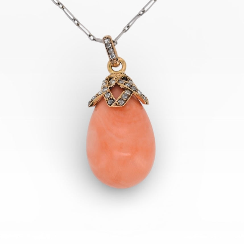 Antique Victorian 18k gold pendant with pink-orange coral drop and rose cut diamonds