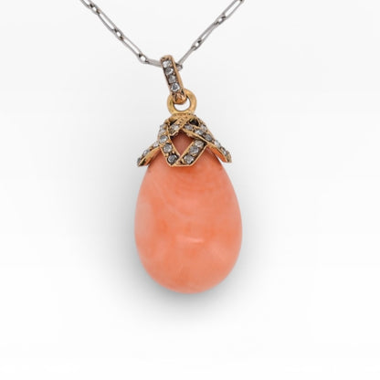 Antique Victorian 18k gold pendant with pink-orange coral drop and rose cut diamonds