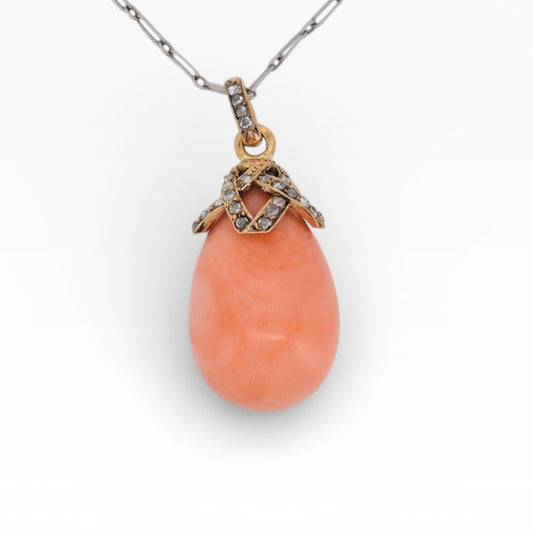 Antique Victorian 18k gold pendant with pink-orange coral drop and rose cut diamonds