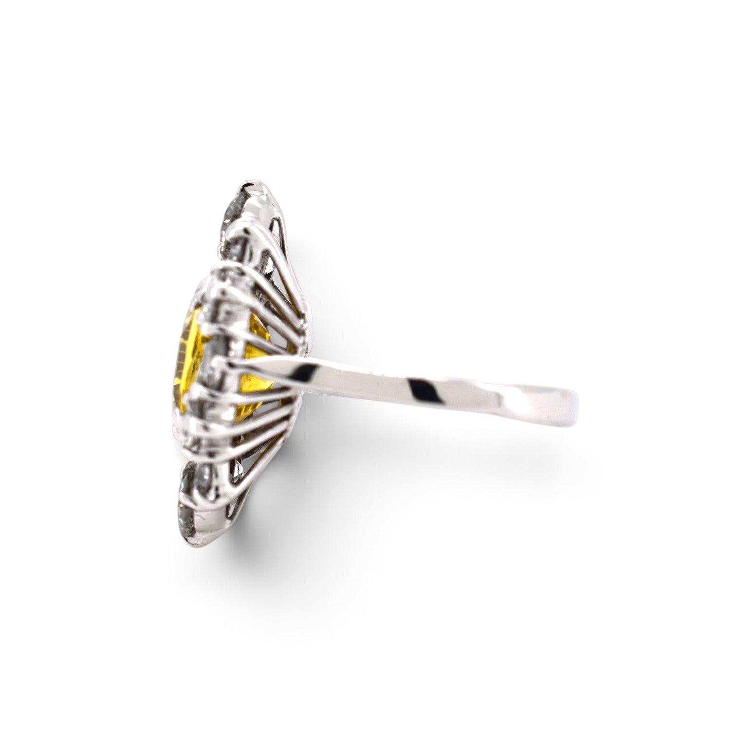 Natural unheated yellow Ceylon sapphire 5.49ct Bellerophon certified pompadour ring close-up — Antique Jewelry Finds