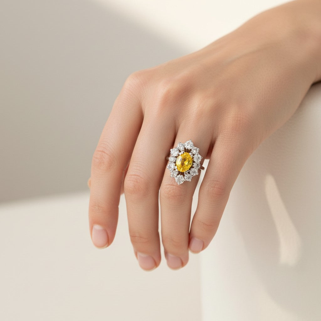 Vintage 18k gold pompadour ring 5.49ct unheated yellow Ceylon sapphire diamond halo worn on hand size 8.5 US — Antique Jewelry Finds