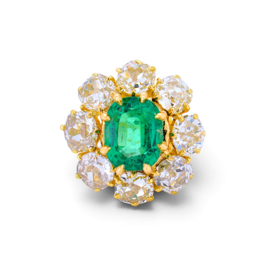 Vintage 18k gold pompadour ring natural Zambian emerald 2ct old-cut diamond halo front view circa 1980 — Antique Jewelry Finds