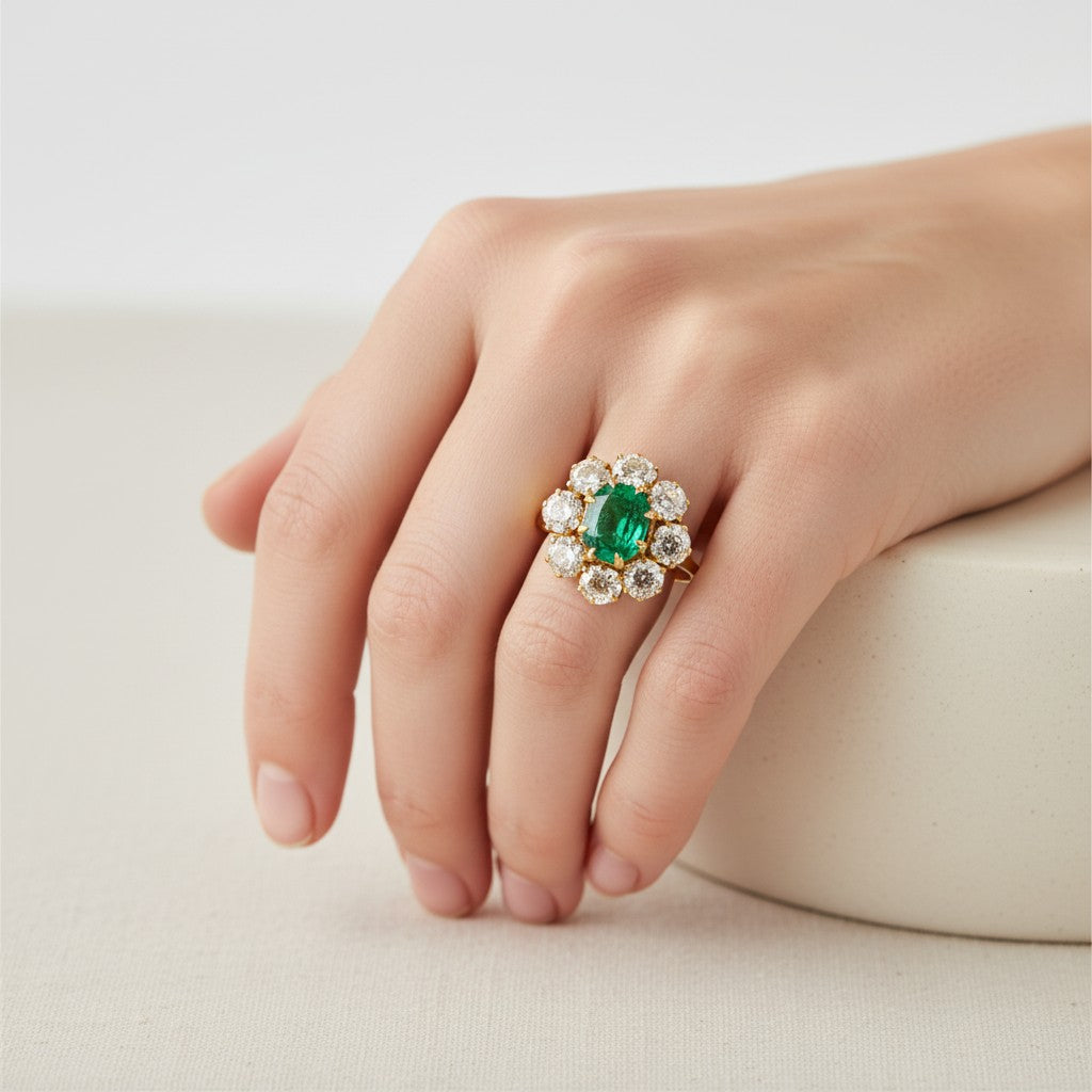 Vintage 18k gold pompadour ring natural Zambian emerald 2ct diamond halo worn on hand size 6.75 US — Antique Jewelry Finds