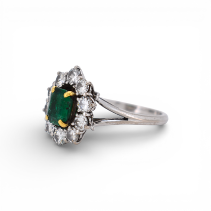 Side view of the 18k white gold ring showing the basket and cluster height