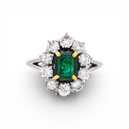 French vintage emerald and diamond Marguerite cluster ring in 18k white gold