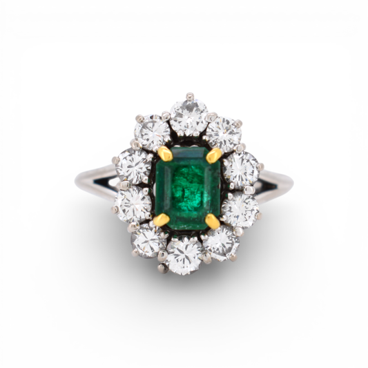 French vintage emerald and diamond Marguerite cluster ring in 18k white gold