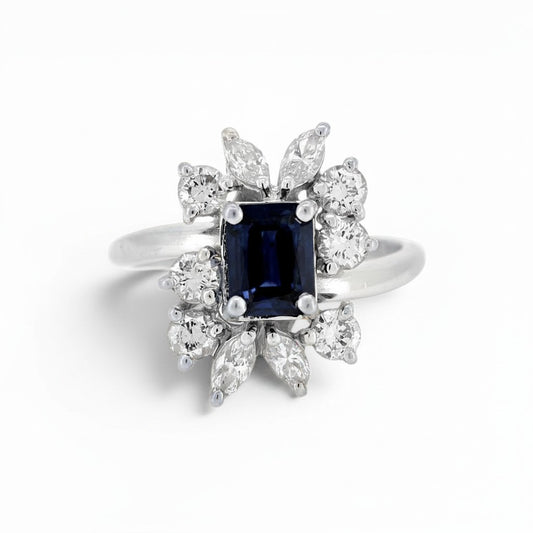 Vintage modernist 18k gold daisy ring natural sapphire 1ct navette diamond petals front view — Antique Jewelry Finds