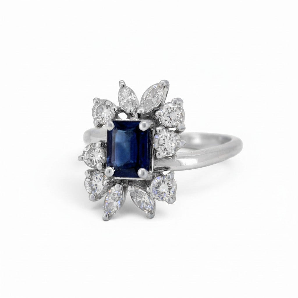 Natural sapphire rectangular step cut 
approximately 1 carat modernist daisy ring close-up — Antique Jewelry Finds