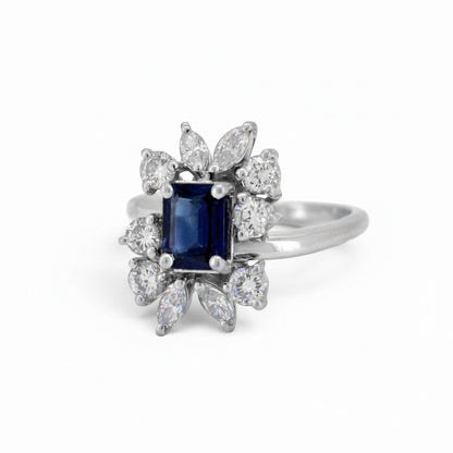 Natural sapphire rectangular step cut 
approximately 1 carat modernist daisy ring close-up — Antique Jewelry Finds