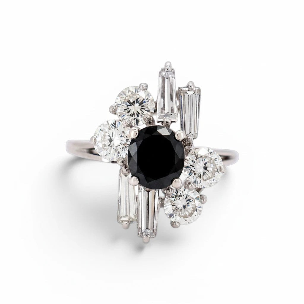 Vintage Modernist 18k white gold ring featuring a 1.50ct round blue sapphire and 1.50ctw trapezoid diamond halo by Antique Jewelry Finds.
