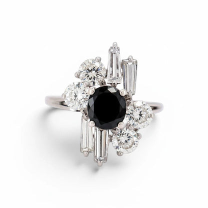 Vintage Modernist 18k white gold ring featuring a 1.50ct round blue sapphire and 1.50ctw trapezoid diamond halo by Antique Jewelry Finds.